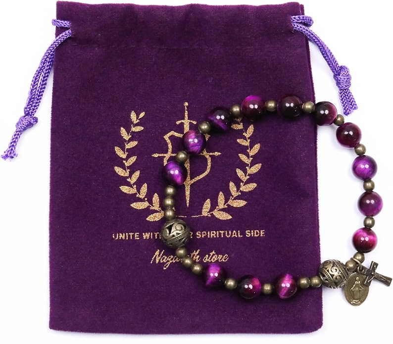 Purple Tiger Eye Rosary Bracelet Metal Separators with Miraculous Medal & Cross Wrist Jewelry - Nazareth Store