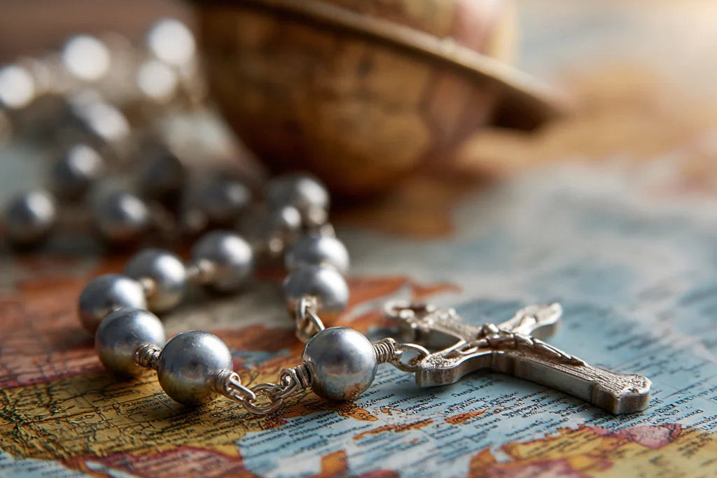 Silver rosary with cross on a world map