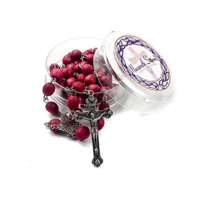 Red Petal Carved Beads Rosary Necklace with Holy Land Medal & Silver Plated Cross