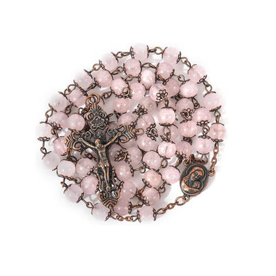 Rose Quartz Natural Stone Rosary Beads Necklace with Holy Soil & Cross Crucifix - Nazareth Store