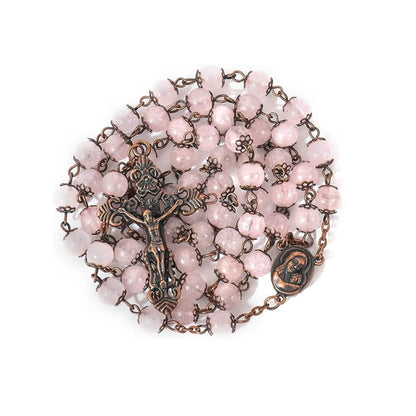 Rose Quartz Natural Stone Rosary Beads Necklace with Holy Soil & Cross Crucifix - Nazareth Store