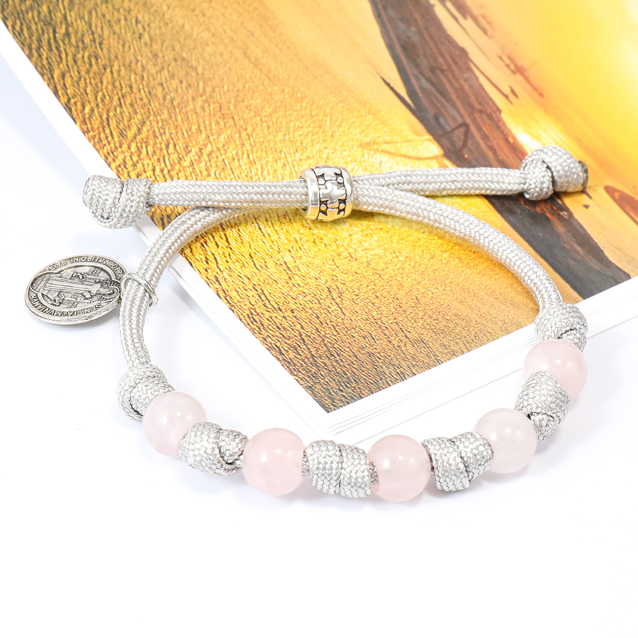 Rose Quartz One Decade Rosary Beads Paracord Set St. Michael Necklace & St. Benedict