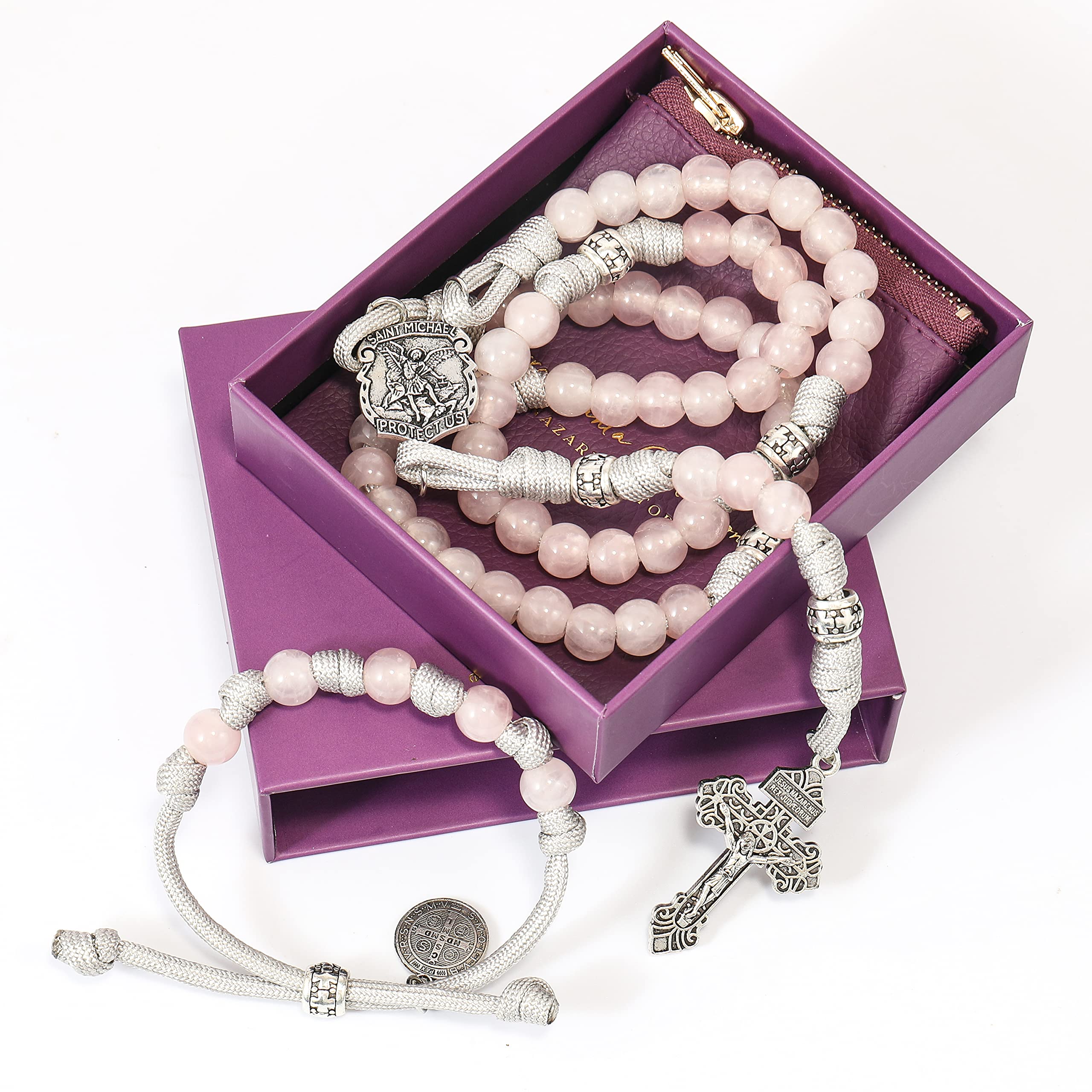 Rose Quartz One Decade Rosary Beads Paracord Set St. Michael Necklace & St. Benedict