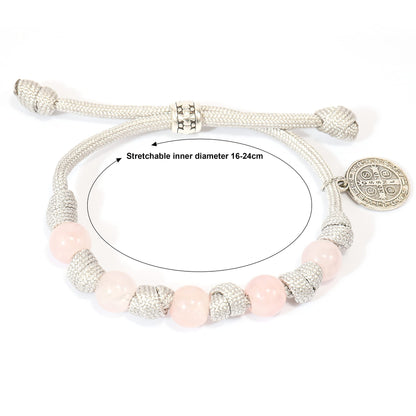 Rose Quartz One Decade Rosary Beads Paracord Set St. Michael Necklace & St. Benedict