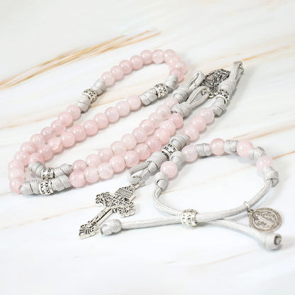 Rose Quartz One Decade Rosary Beads Paracord Set St. Michael Necklace & St. Benedict