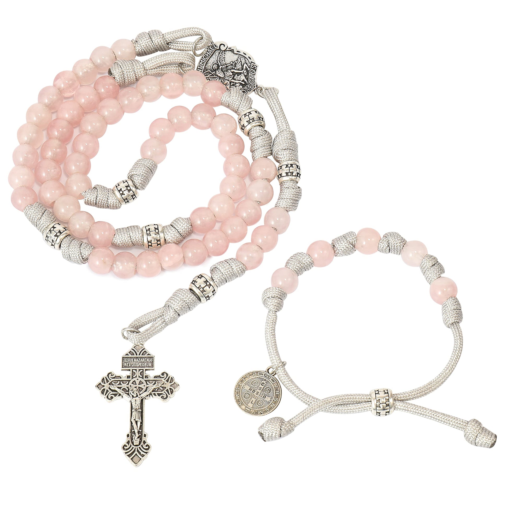 Gemstone Rosary Beads Paracord Set St. Michael Necklace & St. Benedict 22" Nazareth Store