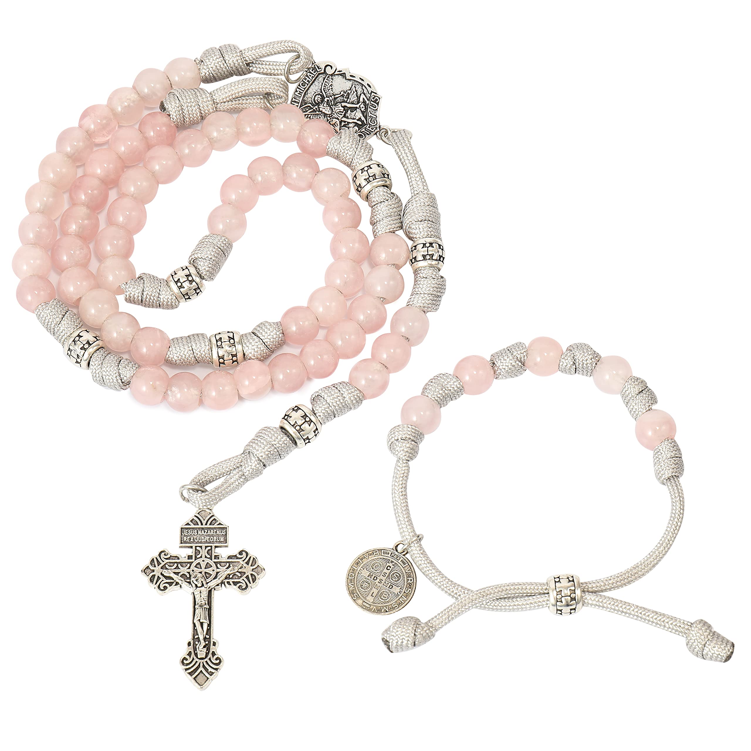 Rose Quartz One Decade Rosary Beads Paracord Set St. Michael Necklace & St. Benedict