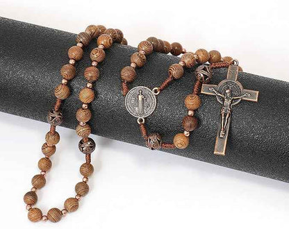 Olive Wood Rosary Necklace Catholic Solid Wooden Beads with St. Benedict Medal & Cross Crucifix - Nazareth Store