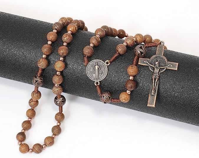 Olive Wood Rosary Necklace Catholic Solid Wooden Beads with St. Benedict Medal & Cross Crucifix - Nazareth Store