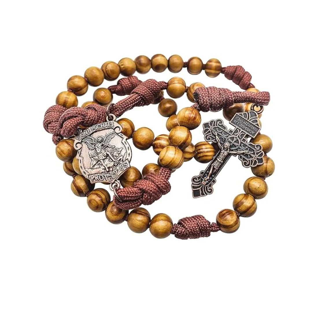 Rugged Cord Wooden Beads Paracord Rosary Necklace Red Bronze St Michael Medal Nazareth Store