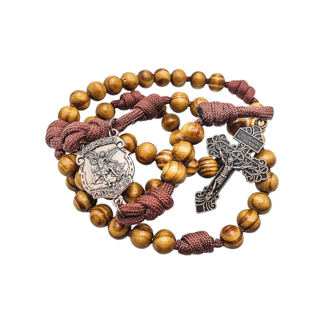 Rugged Cord Wooden Beads Paracord Rosary Necklace Red Bronze St Michael Medal Nazareth Store