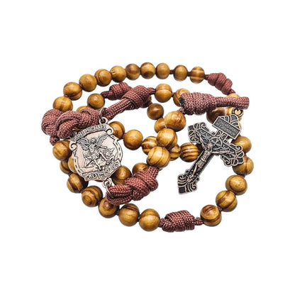 Rugged Cord Wooden Beads Paracord Rosary Necklace Red Bronze St Michael Medal - Nazareth Store