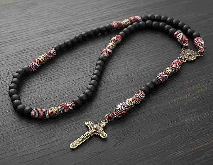 St. Benedict Paracord Rosary Corded Necklace Black Matte Beads & INRI Cross