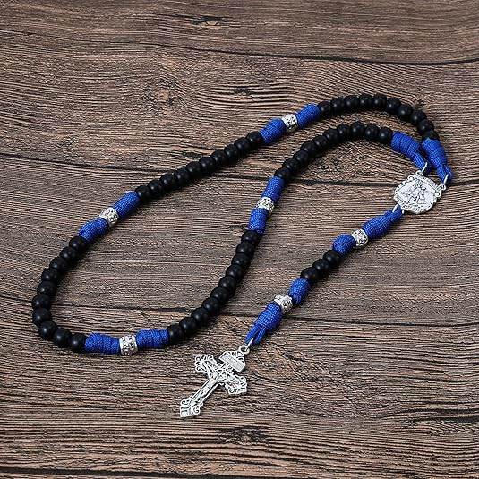 St.Michael Black Beads Blue Paracord Rosary Rugged Beaded Pardon Cross - Nazareth Store