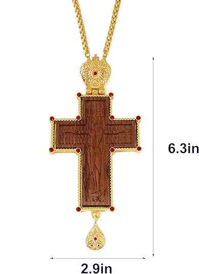 Gold Plated Russian Cross Pendant Wood & Red Stones Orthodox Necklace