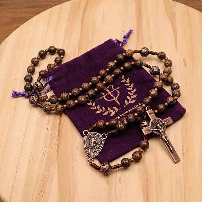 Olive Wood Rosary Necklace Metal Glory Beads with St. Michael