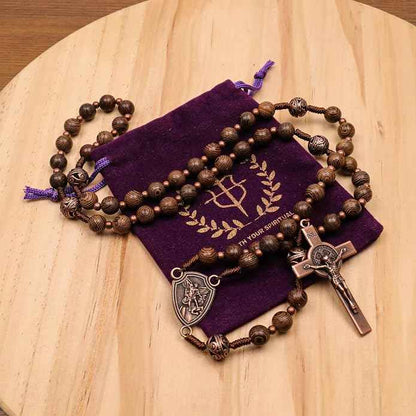 Olive Wood Rosary Necklace Metal Glory Beads with St. Michael Medal & Cross Crucifix