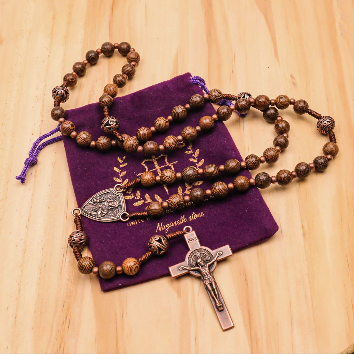 Solid Wooden Beaded Rosary Necklace Metal Glory Beads with Our Father Medal & Crucifix