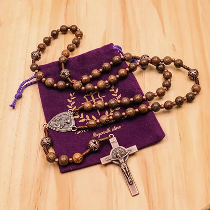 Solid Wooden Beaded Rosary Necklace Metal Glory Beads with Our Father Medal & Crucifix - Nazareth Store 