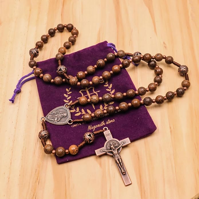 Solid Wooden Beaded Rosary Necklace Metal Glory Beads with Our Father Medal & Crucifix - Nazareth Store 
