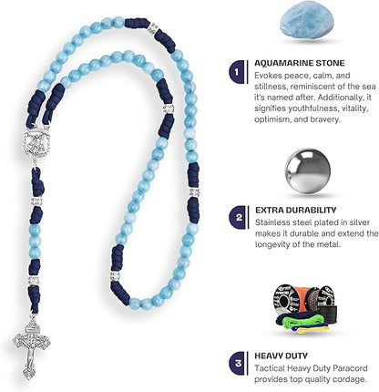 Aquamarine One Decade Rosary Beads Paracord Set St. Michael Necklace & St. Benedict - Nazareth Store 
