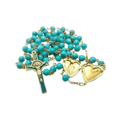 Saint Benedict Turquoise Beads Rosary Enamel Cross Heart Shape Medal - Nazareth Store
