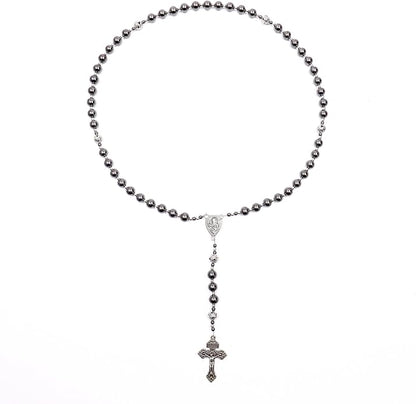 Black Stone Hematite Rosary Necklace Metal Beaded with Saint Joseph Medal & Cross-Nazareth Store 
