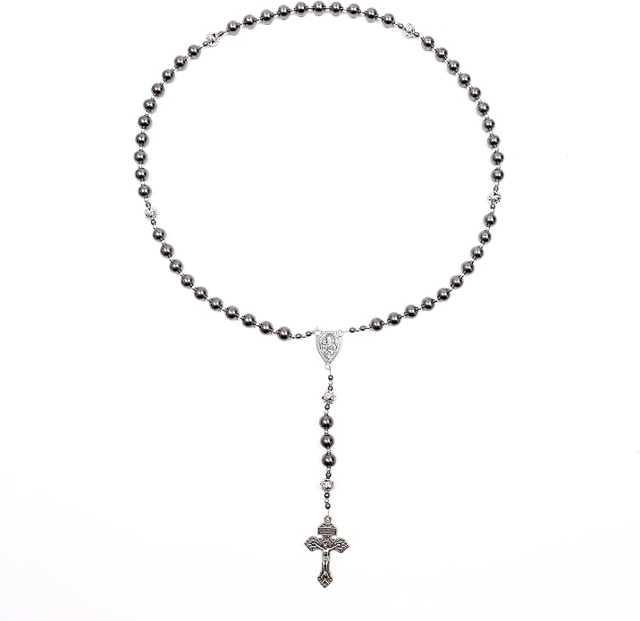 Black Stone Hematite Rosary Necklace Metal Beaded with Saint Joseph Medal & Cross-Nazareth Store 