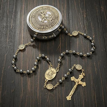 Black Hematite Stone Beads Rosary St. Michael Necklace with Metal Box - Nazareth Store