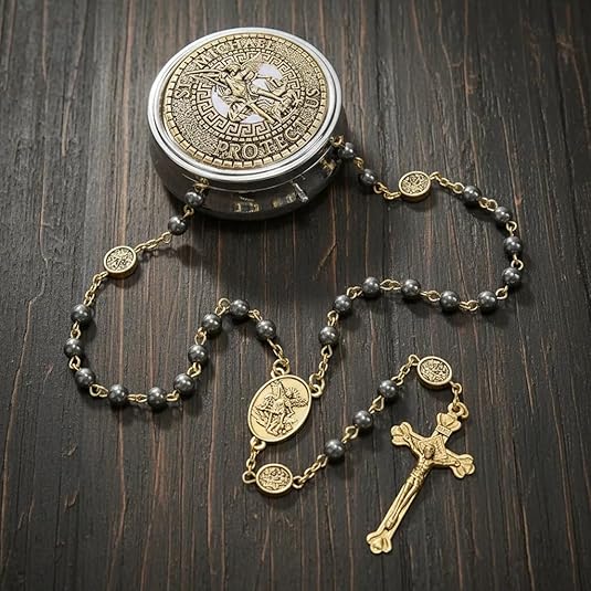 Black Hematite Stone Beads Rosary St. Michael Necklace with Metal Box - Nazareth Store