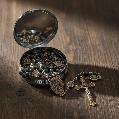 Black Hematite Stone Beads Rosary St. Michael Necklace with Metal Box - Nazareth Store