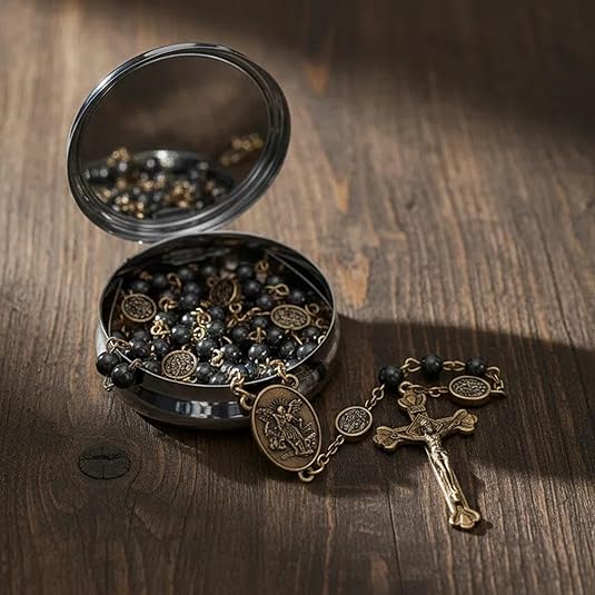 Black Hematite Stone Beads Rosary St. Michael Necklace with Metal Box - Nazareth Store