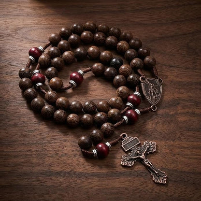 Handmade Wooden Beads Rosary Necklace with Saint Michael Medal & Crucifix Religious Gift - Nazareth Store 