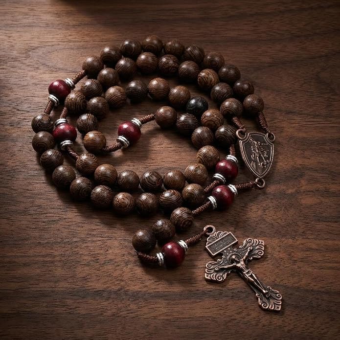 Handmade Wooden Beads Rosary Necklace with Saint Michael Medal & Crucifix Religious Gift - Nazareth Store 