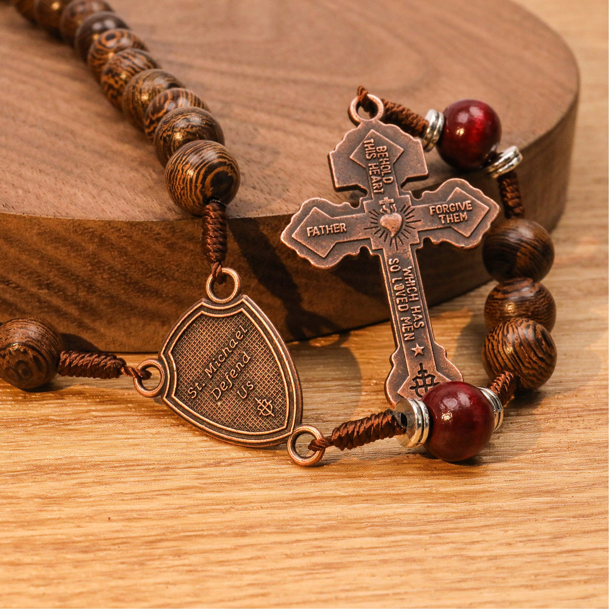 Handmade Wooden Beads Rosary Necklace with Saint Michael Medal & Crucifix Religious Gift - Nazareth Store 