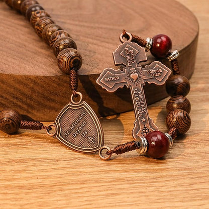 Handmade Wooden Beads Rosary Necklace with Saint Michael Medal & Crucifix Religious Gift - Nazareth Store 