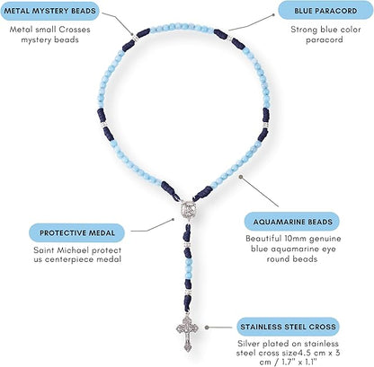 Aquamarine One Decade Rosary Beads Paracord Set St. Michael Necklace & St. Benedict - Nazareth Store