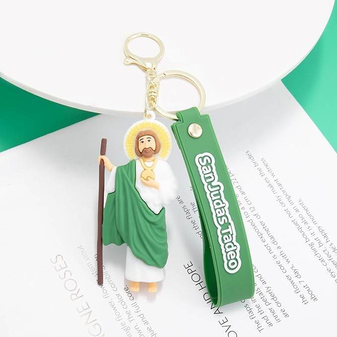 Green San Judas Tadeo Silicone Keychain Catholic Religious Key Ring - Nazareth Store