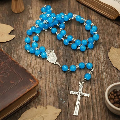 Blue Cat Eye Selenite Rosary Necklace with Miraculous Medal & Silver Cross - Nazareth Store