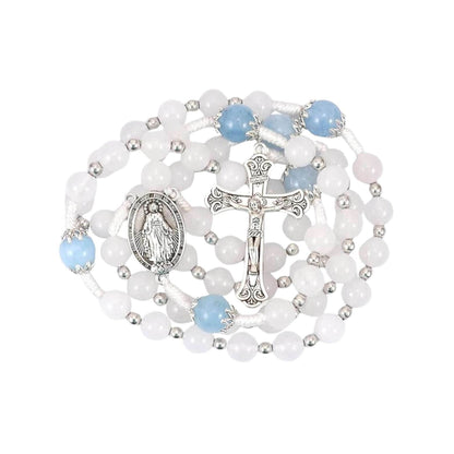 White Jade & Natural Stone Beads Rosary Necklace St. Miraculous Medal & Cross Crucifix - Nazareth Store