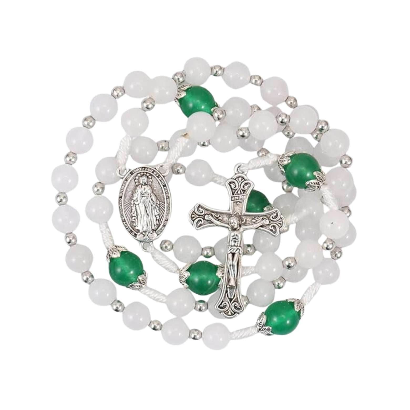 White Jade & Natural Stone Beads Rosary Necklace St. Miraculous Medal & Cross Crucifix - Nazareth Store