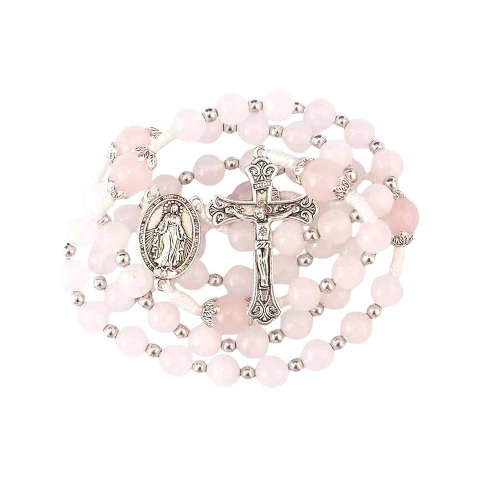 White Jade & Natural Stone Beads Rosary Necklace St. Miraculous Medal & Cross Crucifix - Nazareth Store