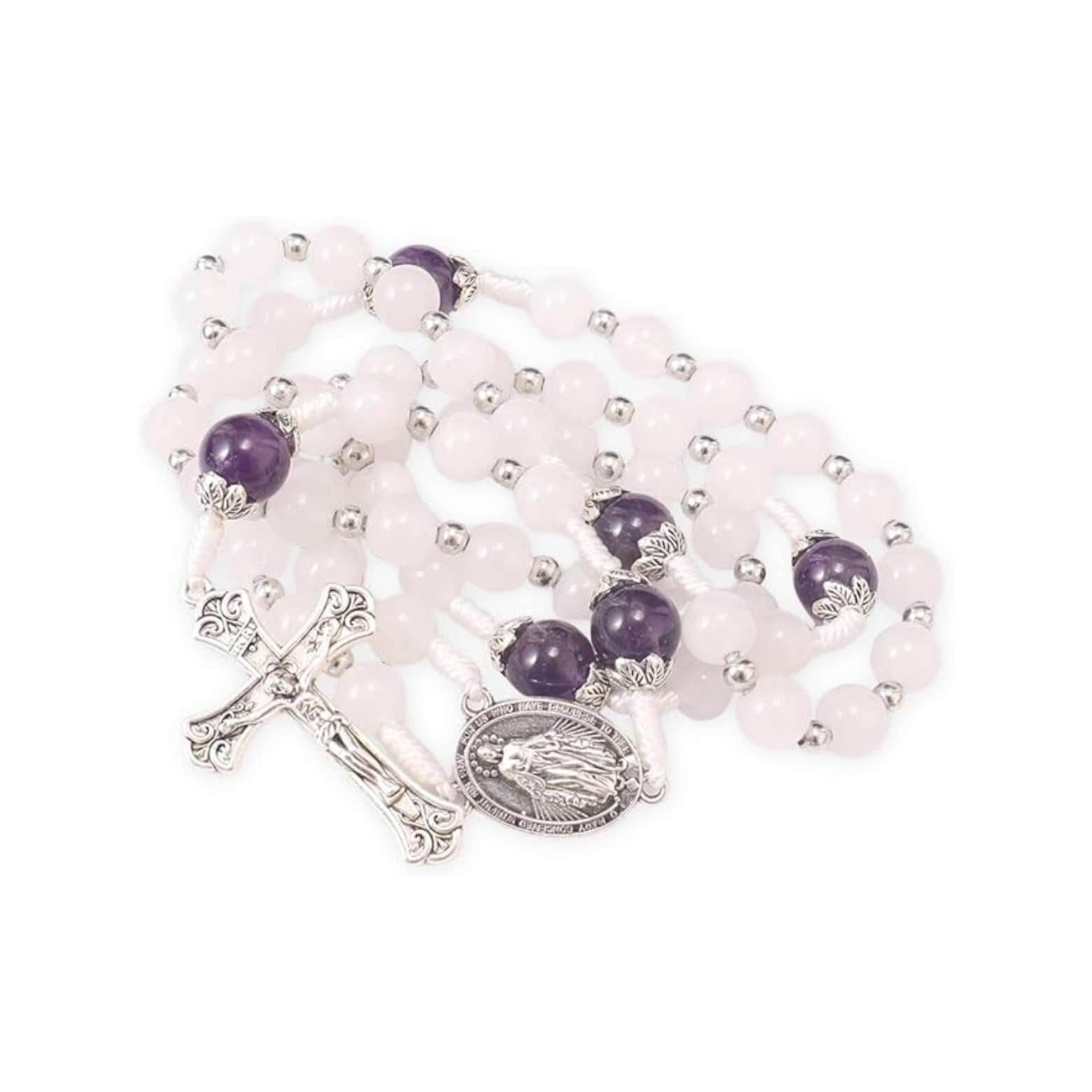 White Jade & Natural Stone Beads Rosary Necklace St. Miraculous Medal & Cross Crucifix - Nazareth Store