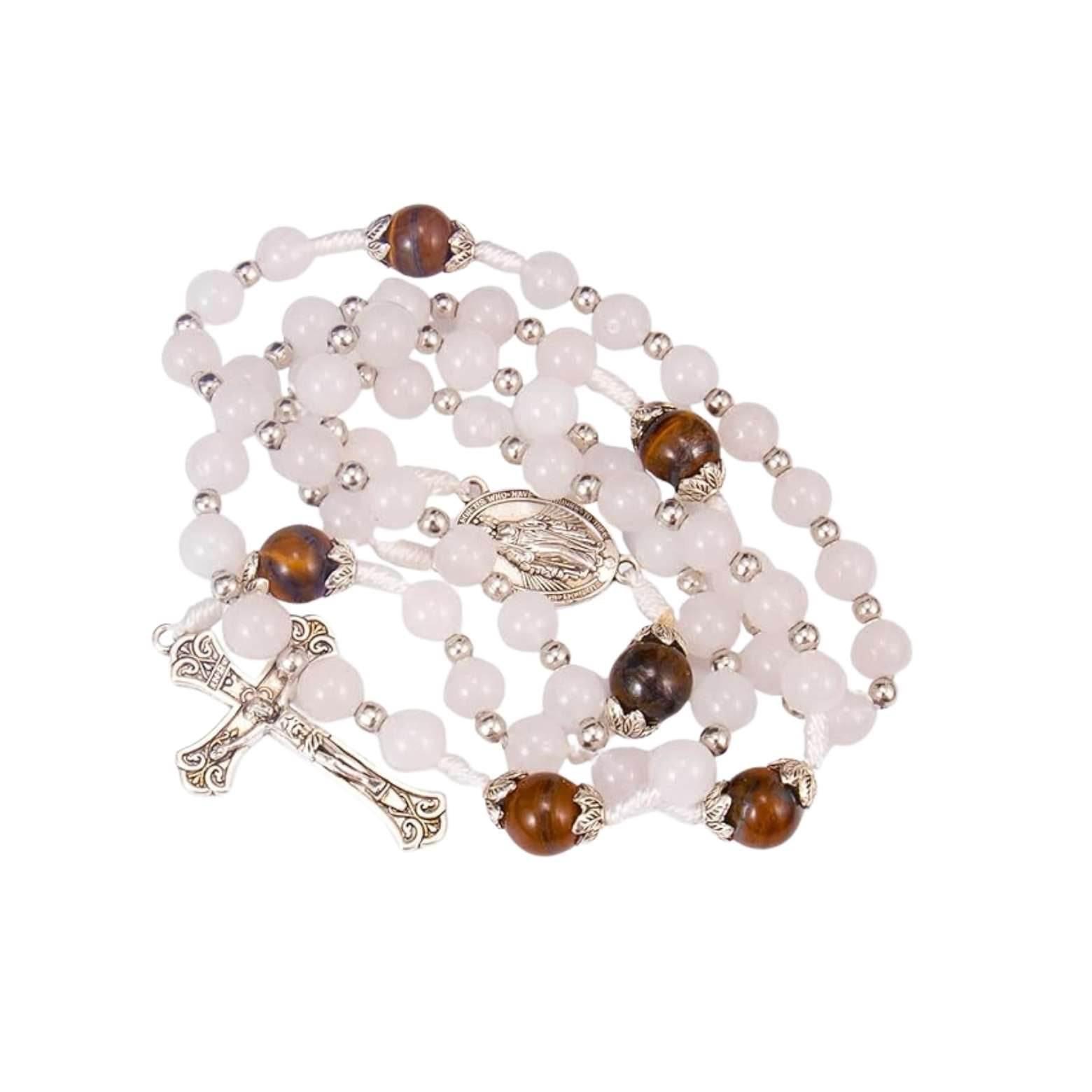 White Jade & Natural Stone Beads Rosary Necklace St. Miraculous Medal & Cross Crucifix - Nazareth Store