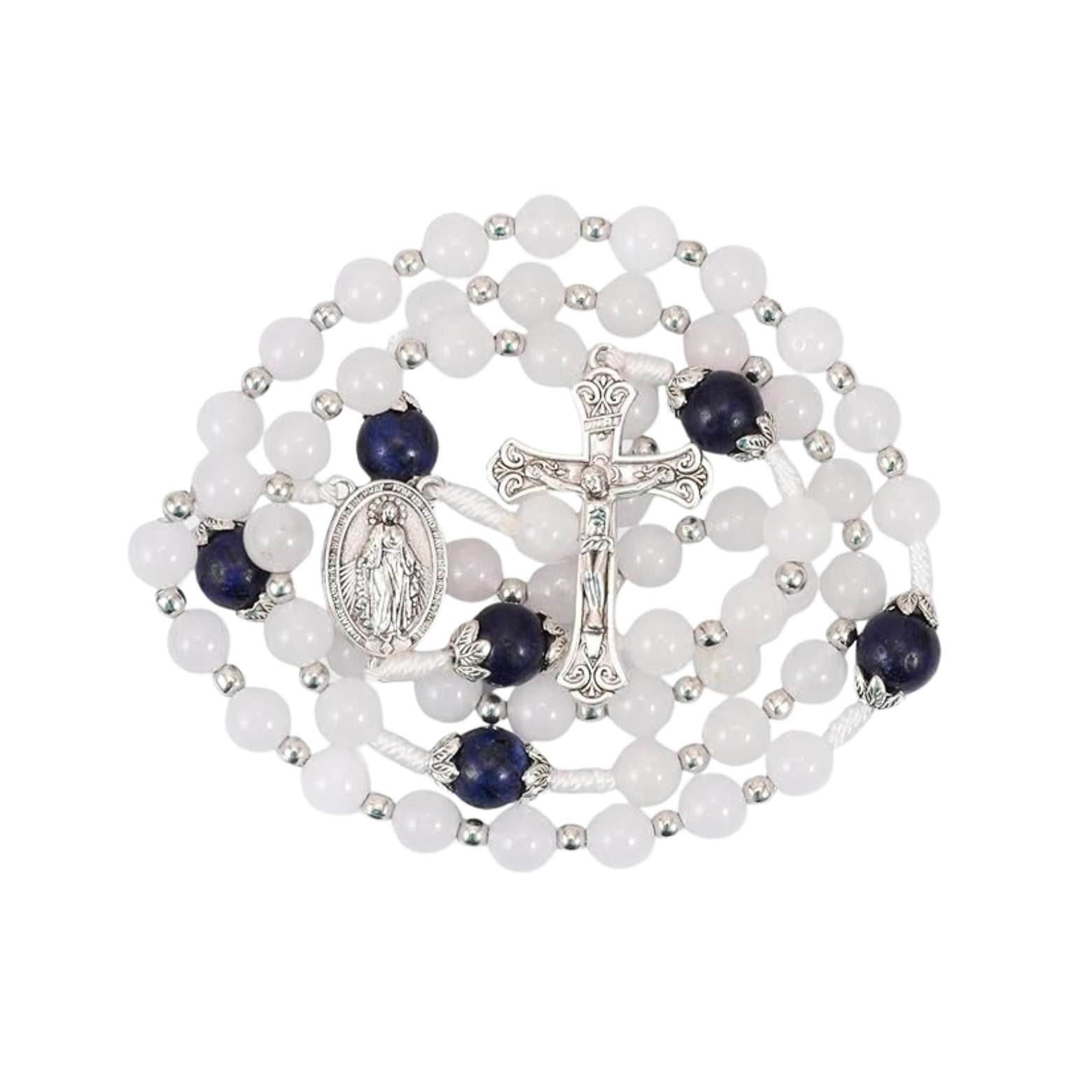 White Jade & Natural Stone Beads Rosary Necklace St. Miraculous Medal & Cross Crucifix - Nazareth Store