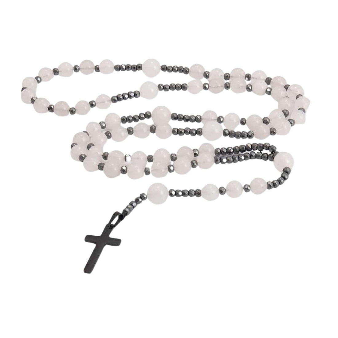 Hematite Stone Beaded Rosary Necklace with Black Metal Cross Nazareth Store