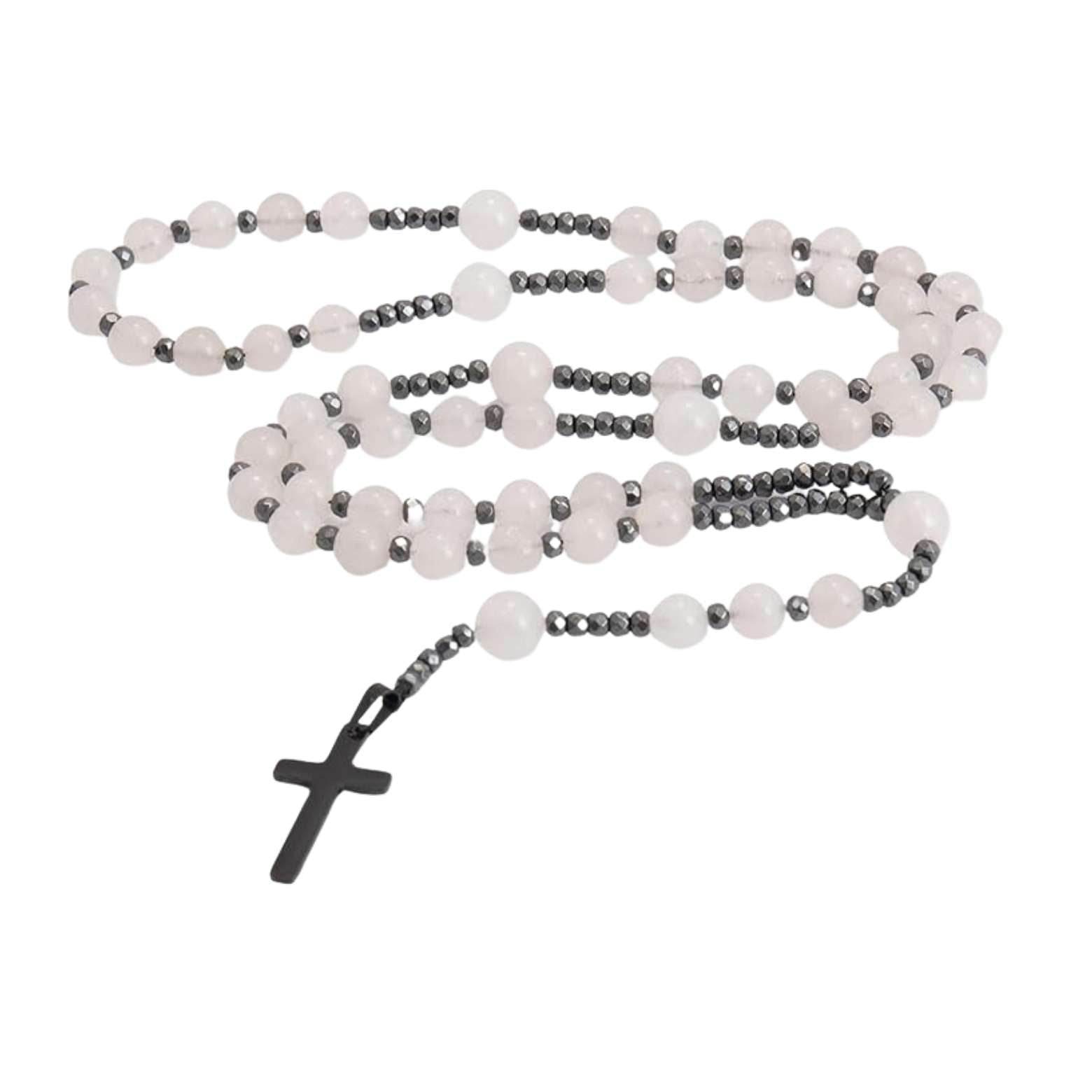 Hematite Stone Beaded Rosary Necklace with Black Metal Cross - Nazareth Store