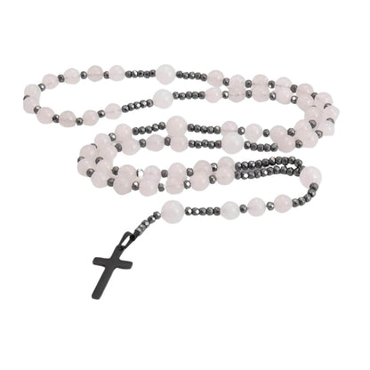 Hematite Stone Beaded Rosary Necklace with Black Metal Cross - Nazareth Store
