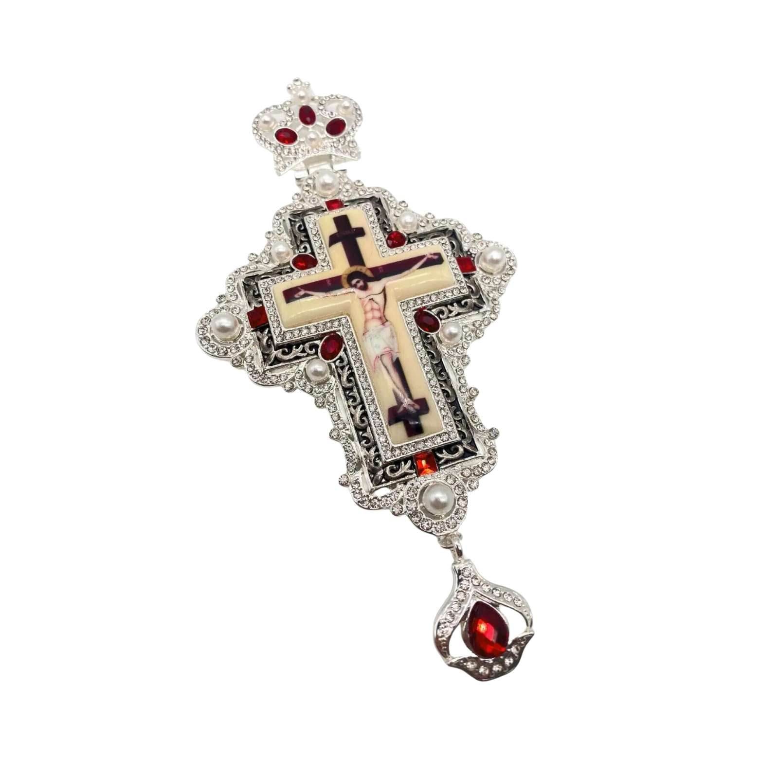 White Pearls & Red Crystallized Stone Pendant Pectoral Cross Priest Bishop Clergy - Nazareth Store
