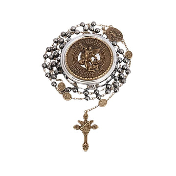 Hematite Rosary Necklace with Bronze Archangel Medal & St. Michael Cross